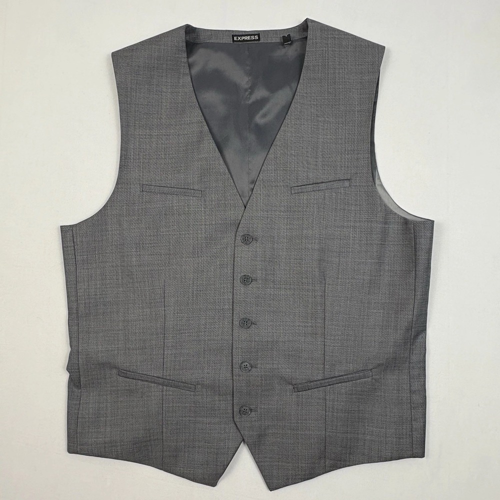 Express Wool Blend Vest/Waistcoat Large Gray Crosshatch Back-Strap Buckle EUC